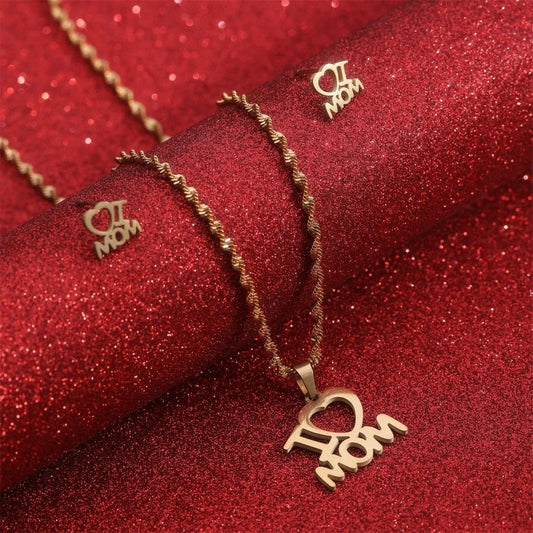 Mother’s Day Jewelry Set | Stainless Steel I Love Mom Heart Necklace & Earrings