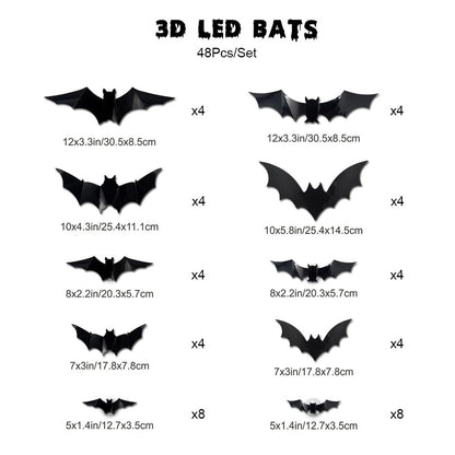 3D LED Glowing Bat Wall Decorations – Halloween Flying Bat Swarm Set