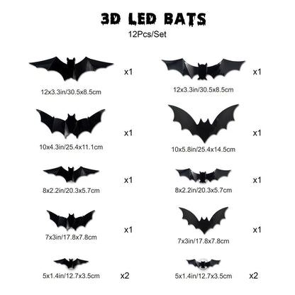3D LED Glowing Bat Wall Decorations – Halloween Flying Bat Swarm Set