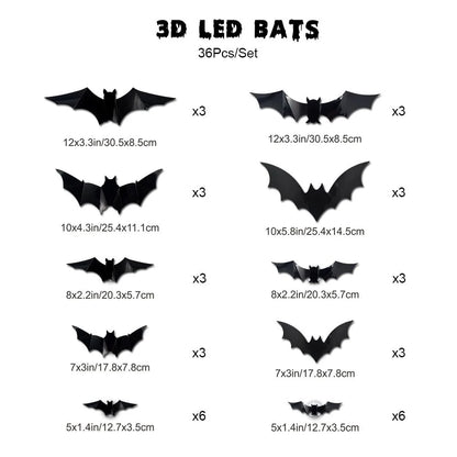3D LED Glowing Bat Wall Decorations – Halloween Flying Bat Swarm Set