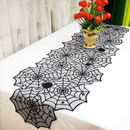 Halloween Tablecloth | Black Lace Spiderweb Table Runner & Home Decoration