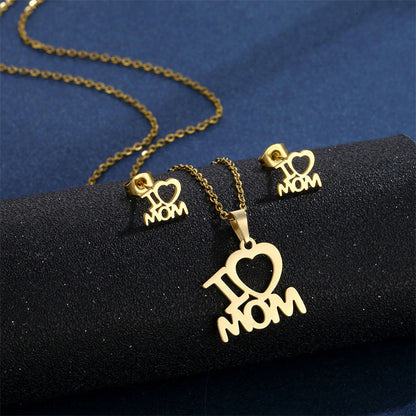 Mother’s Day Jewelry Set | Stainless Steel I Love Mom Heart Necklace & Earrings