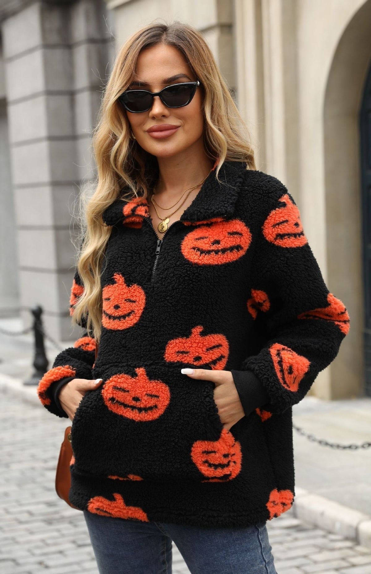 Euro-American Style Plush Half-Zipper Pumpkin Halloween Sweatshirt